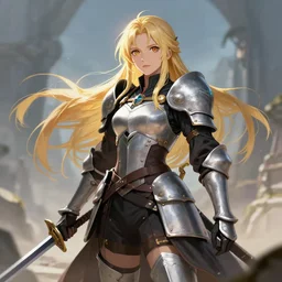 full picture of blonde female warrior ,high fantasy, claymore, trending on artstation, arstationhd, HD