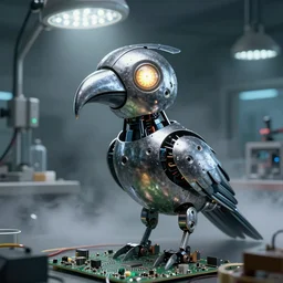 robot parrot bird with chrome beak, metal wings, laboratory, fog, led lights, electronics circuit board, grunge, glowing eye, sharp details, art by simon stalenhag and studio ghibli