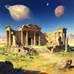 beautiful ancient ruins on a abandoned planet by mœbius!!!!!!!!!!!!!!!!!!!!!!!!!!!, overdetailed art, colorful, record jacket