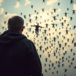 thousand men floating from the sky, thousand men flying from the sky, thousand men floating in the sky, a man, camera from behind, trending in artsation, stefan koidl