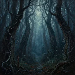 a cinematic masterpiece painting of exotic alien mystical gothic forest of despair and misery on a monsoon midnight, trees of barbed-wire thorns and wires, by Marc Simonetti, by Alex Grey, by Wayne Barlowe, by Paul Lehr, by Tim Hildebrandt, by Bruce Pennington, by Zdzisław Beksiński, oil on canvas, masterpiece, trending on artstation, featured on pixiv, cinematic composition, beautiful lighting, sharp, details, hyper-detailed, no frames, HD, HDR, 4K, 8K
