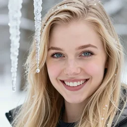 happy blonde girl in beautiful eyes kevin with icicles hanging down
