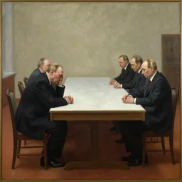 very old sad vladimir putin sitting at heading a very long empty table. painting by valentin serov tretiakov gallery