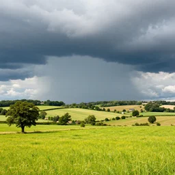 a beautiful English country landscape. Hot summers day. Dramatic thunderstorm