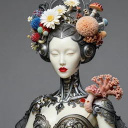 beautiful porcelain ivory woman elegant red plump lips biomechanical cyborg, beautiful fair face, iris van herpin, elegant haute couture, black intricate details, laser cut mesh, headdress with daisies, colorful puffballs, mushrooms, rhizomorphs, brackets, fractal sponge corals, magnesium, hyper detailed, ultra sharp, soft light, 8 k, uhd