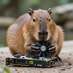 cute capybara eating a nvidia gpu with cooling fans, chewing on a graphic card, wildlife photography, bokeh, sharp focus, 3 5 mm, taken by sony a 7 r, 4 k, award winning