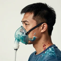 a portrait of a brown asian man :: side profile :: oxygen mask ::  blood  and ocean intricate details :: 8k :: by vikings and Sandra Chevrier