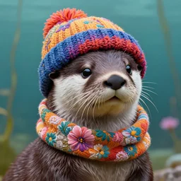 detailed portrait of anthropomorphic otter wearing a colorful beanie! scarf!, flowers, aquatic background, intricate, elegant, highly detailed, digital painting, artstation, concept art, smooth, sharp focus, illustration, art by artgerm and greg rutkowski and alphonse mucha, 8 k