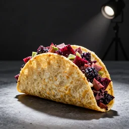 a taco full of bits o captain - crunchberry, food photography, studio lighting, unappetizing