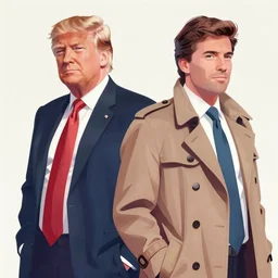 poster matte shaded illustration of donald trump and donald trump wearing trench coats and big floppy black spy hats carrying boxes, starring in spy vs spy