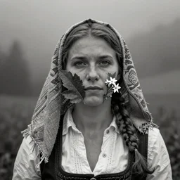 portrait photography tyrolean female farmer, leaves and edelweiss growing from face, hay cloths, desaturated, fog, 1. 2 f, 3 5 mm, dark, foggy, 1 9 2 0 s ghost photography