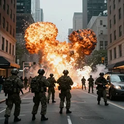 military action scene with explosions in the street of new york. Cinematic shot and light. In the style of Greg Rutkowski