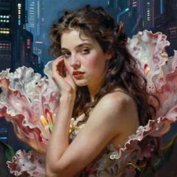 a beautiful closeup portrait painting of the flower queen in a sensual pose, in the style dan mumford artwork, in the background a futuristic cyberpunk city with lit windows is seen.
