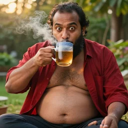 mr robert is drinking fresh tea, smoke pot and meditate in a garden from spiral mug, detailed glad face, power belly, golden hour closeup photo, red elegant shirt, eyes wide open, ymmm and that smell