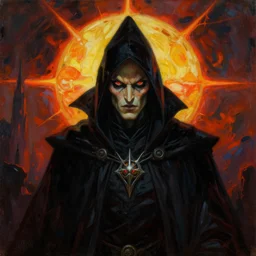 a vibrant portrait painting of a evil sorcerer with piercing eyes in dark fantasy setting, centered, dying earth, darksun, art by frank frazetta, artgerm, michael whelan, chris riddell, greg rutkowski