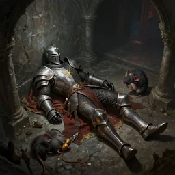 a concept art of a paladin lyind dead in a cell with a ratman noticing his death. dungeon. volumetric lighting. rutowsky, craig mullins.