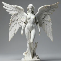 a statue made of white marble with gold veins, of an sultry gorgeous futuristic cybernetic angel girl, prostheses, transhumanism, full body shot, perfect symmetrical body, perfect symmetrical face, hyper realistic, hyper detailed, by johannen voss, by peter kemp, by monia merlo, by michelangelo, octane render, blender, 8 k