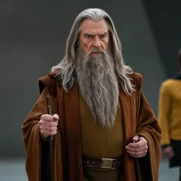 A still of Gandalf as Captain Kirk on Star Trek, sharp focus, high quality, 4k
