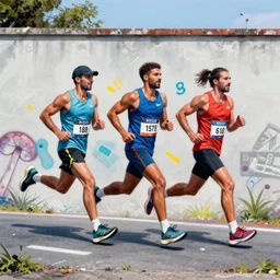 a graffiti art of three people running a marathon