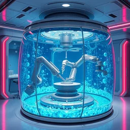 futuristic ribofunk aquarium medical chamber with bubbly azure fluid and robot arms doing precision work, a single large glass chamber with multiple robotic manipulators inside, highly integrated futuristic automatic medical care unit in a cyberpunk hospital lab, highly detailed, vibrant, hyperdetailed scifi concept art, artstation, hdr, rtx, octane render, cgsociety, solidworks