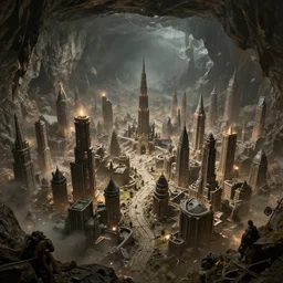 Raiders destroy a vast city in a cavern, fantasy, wide shot, trending on artstation