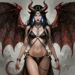 gorgeous!! woman as a chained demoness sorcerer empress wearing a bikini, d & d, dragon wings, skulls at her hips, lightning eyes | art by jack kirby + akira toriyama + katsuhiro otomo + hirohiko araki | intricate, highly detailed, digital painting, smooth, sharp focus, hyper - realistic, symmetrical