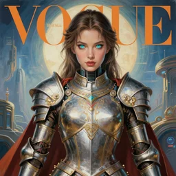 beautifully painted mural of a stunning young cyborg muse in ornate royal armor, piercing glowing eyes, sci fi scenery, vogue cover poses, mural in the style of sandro botticelli, caravaggio, albrecth durer