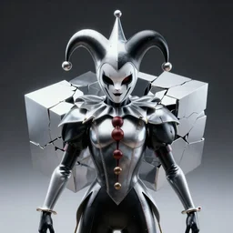 front shot of a court jester character ominous fractal hyper cubes platinum cracked dark future realistic holography cryst edges intricate extraordinary detailed concept artstation sharp focus ray tracing cinematic masterpiece fine portrait