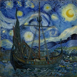 oil painting of a viking longship entering port at new york city at night, light scatter, van gogh