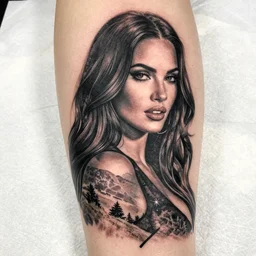 double exposure effect tattoo design sketch of megan fox with beautiful mountain scenery, realism tattoo, in the style of den yakovelev, amazing detail, sharp