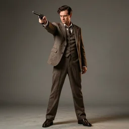 Full body portrait of a man with a stern look dressed in a 1930s attire. He is pointing a gun and seems mentally unstable. 4K, dramatic lighting