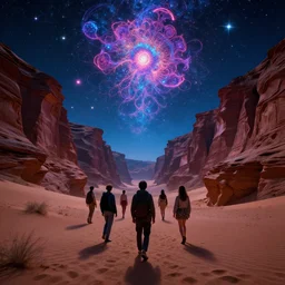 astral travel mysterious desert canyon at night, infinite sky, synthwave, bright neon colors, highly detailed, cinematic, tim white, philippe druillet, roger dean, ernst haeckel, lisa frank, michael whelan, kubrick, kimura, isono