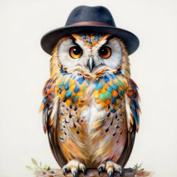 realistic portrait beautiful painting of japanese owl, colorful bird feathers, wearing hat. full body, fine art, trending on artstation, smooth draw, sharp focus, digital art, bright colors, fine draw, perfect lighting, high render, high resolution.