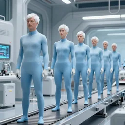 group of identical athletic humans with light blue neoprene suits and white hair standing in a line on a conveyor belt, background of advanced futuristic laboratory, sci - fi, highly detailed, hyperrealistic