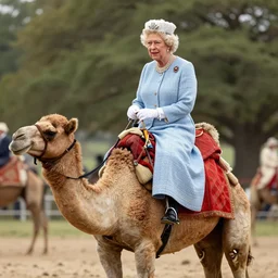 queen elizabeth 2 nd riding a camel, 4 k, hyperdetailed photorealism
