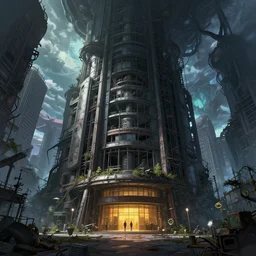 a beautiful photorealistic anime illustration of urbex architecture city building industrial architecture lobby nature unfinished building abandoned by kengo kuma, bladerunner 2 0 4 9 azeroth dieselpunk at fall liberty city lightpaint extraterrestial evil forest nature uv light, archdaily, wallpaper, highly detailed, trending on artstation.