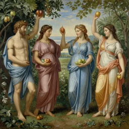 painting of multiple greek gods and goddesses holding fruit in a garden, detailed, traditional, soft lighting, beautiful