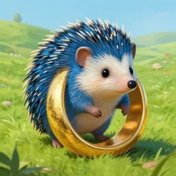 ( ( ( ( a cute blue hedgehog with a large ring made of gold, cover art ) ) ) ), large gold ring!, blue fur, gold ring, beautiful green hill, extremely detailed, fantasy painting, by jean - baptiste monge!!!!