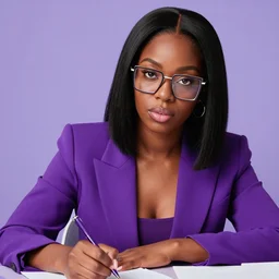 dslr 8 5 mm professional portrait of a black young adult dark - skinned woman studying for a test, square features, full lips, square prescription glasses, purple suit jacket, almond brown eyes, straight black hair, academic, very smart party themed, scholarly yet kind, purple theme, studying, portrait by annie leibowitz