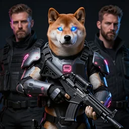 tactical military neon laser exoskeleton armor and rifle, realistic anthropomorphic shiba inu, visible face neon laser eyesight, science fiction, dark, portrait by donato giancola and greg rutkowski and wayne barlow, realistic face