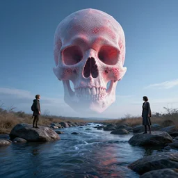 A beautifully intricate digital artwork of a cellular automata generated skull in the sky, wide angle, blue and red color scheme, dramatic soft lighting, clear skies, over a flowing river with rocks, by Brian Froud and Tyler Edlin and Patrice Murciano