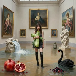 painting of flooded louvre art gallery with paintings on the wall, emo girl holding a courgette and wearing long black boots, pomegranates, octopus, waterfall, stone sculpture by rodin, zen, black swans, berries, surrealist, by magritte and monet
