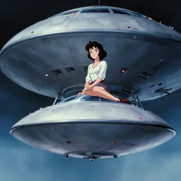 a film still of a 1 9 5 0's sci fi anime girl sitting on top of flying ufo landing in hangar of giant ufo spaceship, sharp face focus, finely detailed features, full body mid shot, perfect art, trending on pixiv fanbox, painted by gaston bussiere, makoto shinkai, akihiko yoshida, gaston bussiere, craig mullins