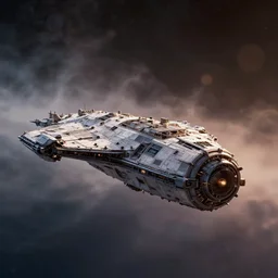full shot of industrial spaceship in space, bokeh, Hubble photo background, inspired by Ridley Scott, Warhammer, octane render, HD, volumetric lighting, mist, twilight, detailed
