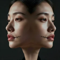 hight focus of a wonderful realistic sweet wonderful symmetrical profile portrait of a lady with a clear skin with the lips that are sewn with black thread, dramatic light, cinematic, artstation, poster, octane render 8 k s 1