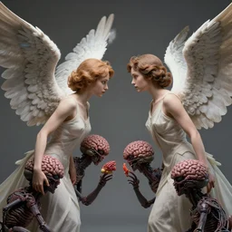 angels with wings fighting against aliens brainsuckers, perfect face, fine details, studio lighting, subtle shadows, art by katsuya terada, photorealism, hyper realism, octane render, hyper detailed, canon eos r 3, f / 1. 4, iso 2 0 0, 1 / 1 6 0 s, medium shot, 8 k, raw, unedited, in - frame,