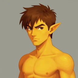 high elf with short brown hair spiked hair. His skin is a vibrant orange yellow. by craig mullins, featured on artstation