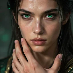 epic masterpiece power, drama, sweaty skin, hyperrealistic, octane render, cinematic, beautiful face and flawless skin, perfect hands, 5 fingers,  emerald by Edgar Maxence and Ross Tran and Michael Whelan, Legends of Runeterra