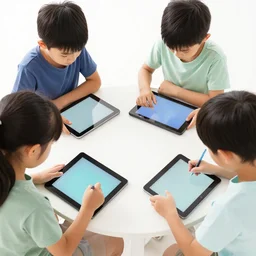 four asian kids sitting around each working on digital tablet, top down view, colorful image on tablet