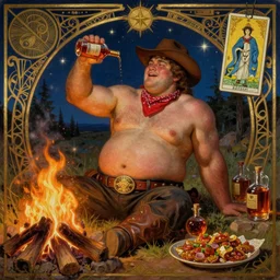 a dramatic, epic, ethereal painting of a !!!!!!handsome!!!!!! thicc chunky beefy mischievous shirtless with a big beer belly wearing a large belt and bandana offering a whiskey bottle | he is a cowboy relaxing by a campfire | background is a late night with food and jugs of whisky | homoerotic | stars, tarot card, art deco, art nouveau, intricate | by Mark Maggiori (((and Alphonse Mucha))) | trending on artstation